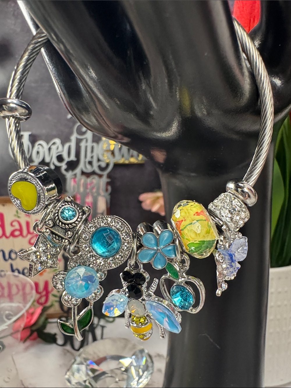 Blue and Yellow Floral Charm Bracelet - Unbranded Women's Jewelry